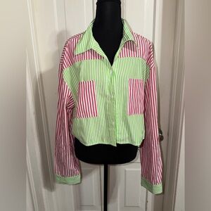 Women's plus size 2x Daisy Green and‎ Red Striped Button Down crop top